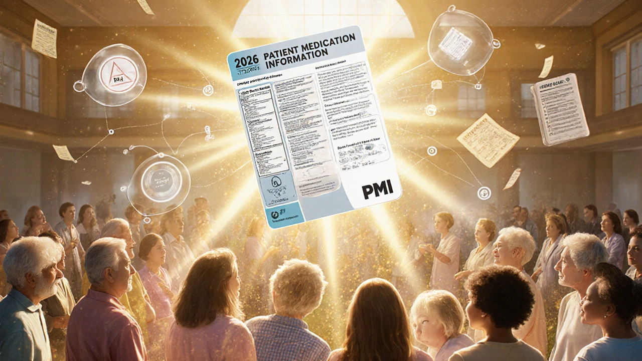A luminous one-page PMI card hovering above patients, as old drug documents fade into golden dust.