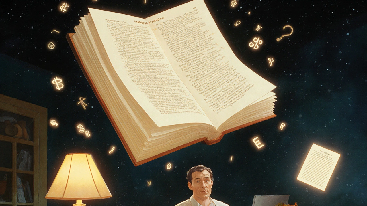 A patient overwhelmed by a towering Package Insert, with a simple PMI sheet glowing faintly nearby.