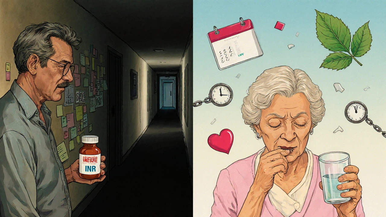 A split scene showing warfarin’s chaotic monitoring vs. DOAC’s peaceful simplicity.