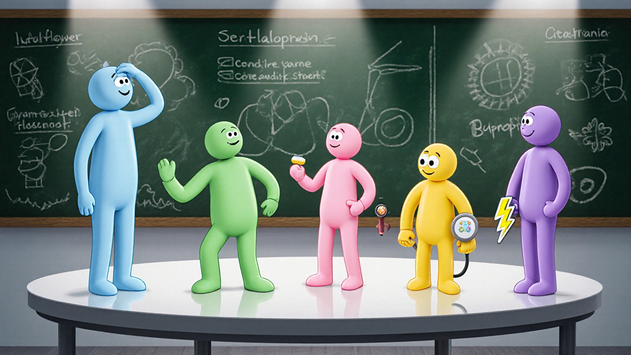 Animated characters representing various antidepressants gathered around a table.