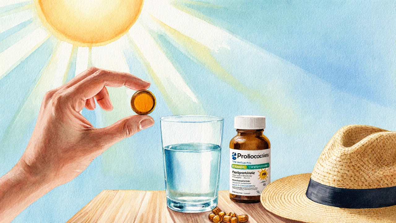 Artistic scene of a person taking a tetracycline pill while wearing sunscreen under bright sun.
