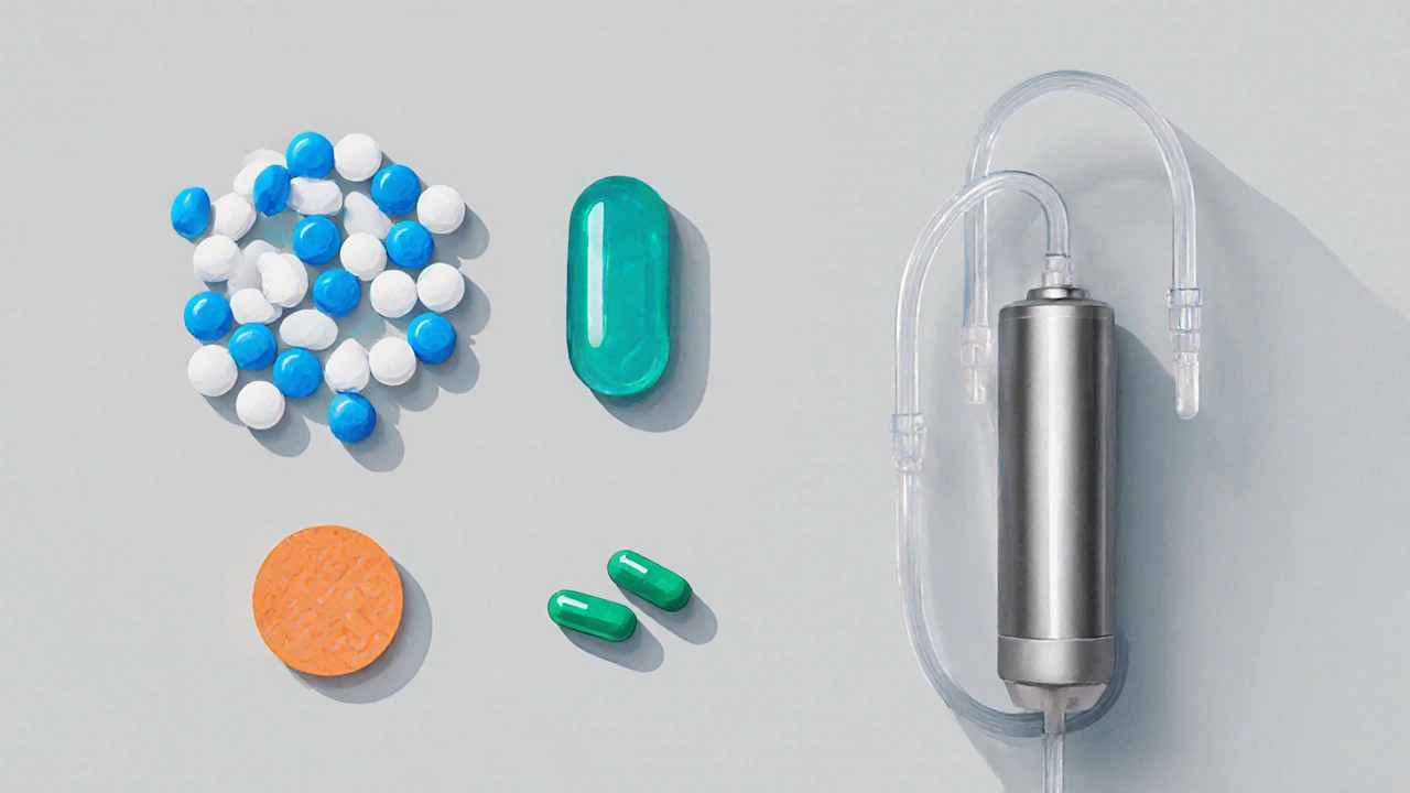 Assortment of ED treatment options: various tablets, a vacuum pump, and supplement capsules arranged on a surface.