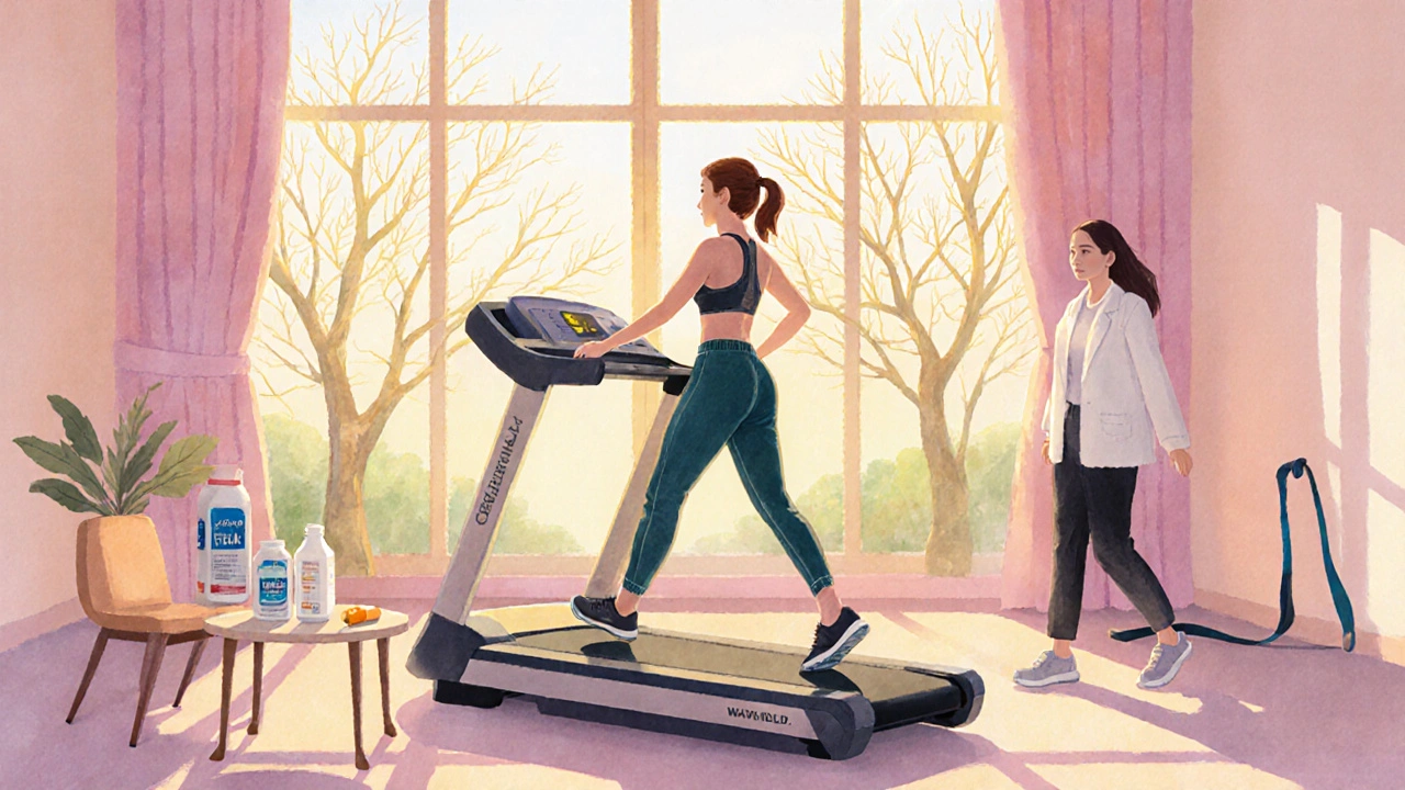 Bright physiotherapy room with patient walking on treadmill beside supplements and resistance band.