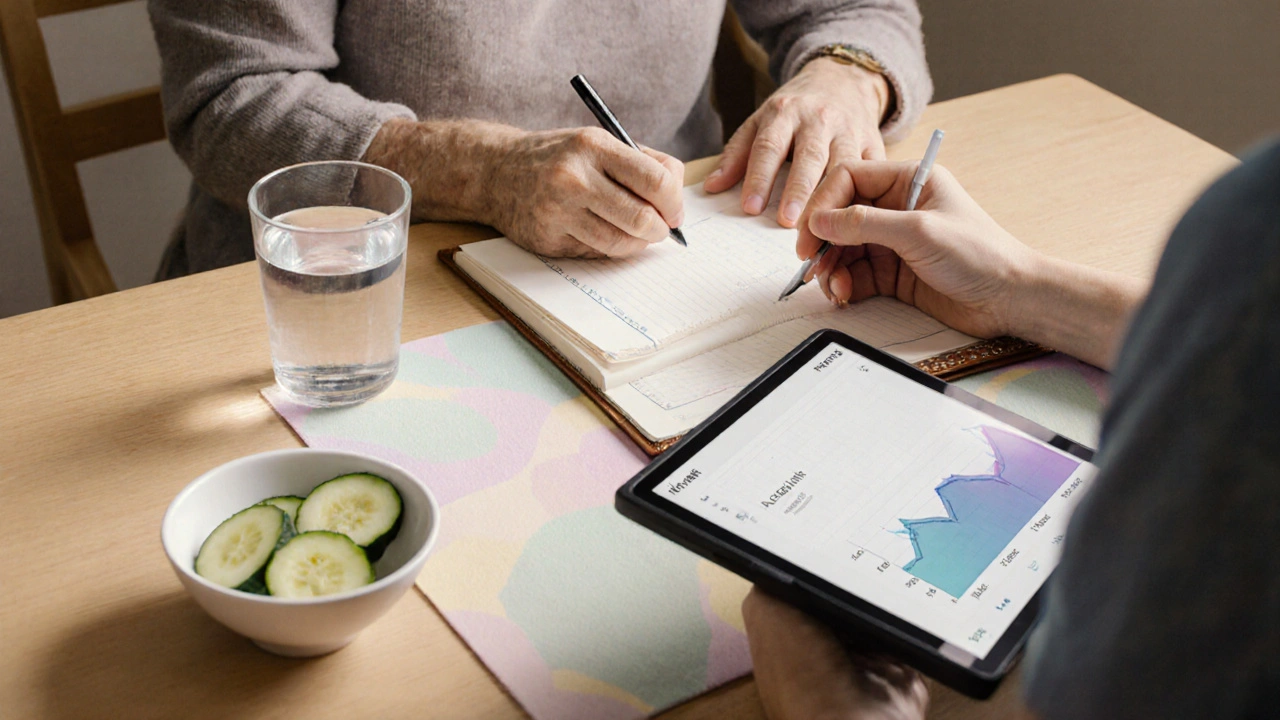 Caregiver and patient reviewing health notes at a table with water, tea, and cucumber slices.