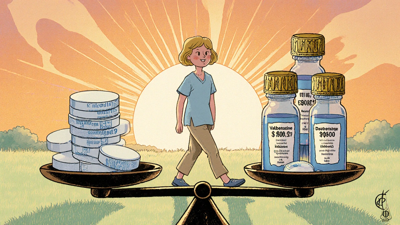 Cartoon scales comparing cheap baclofen tablets to expensive TD drugs, with a smiling patient.