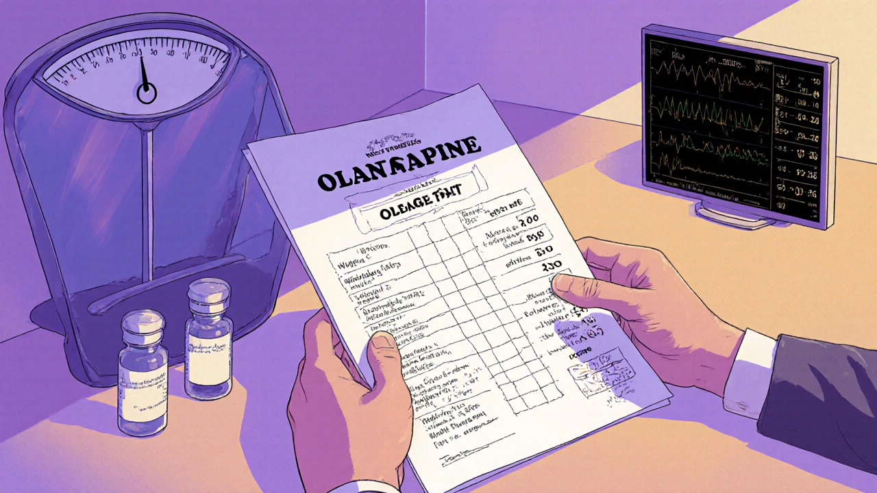 Clinician reviews Olanzapine dosing chart with weight scales and vital sign monitor.