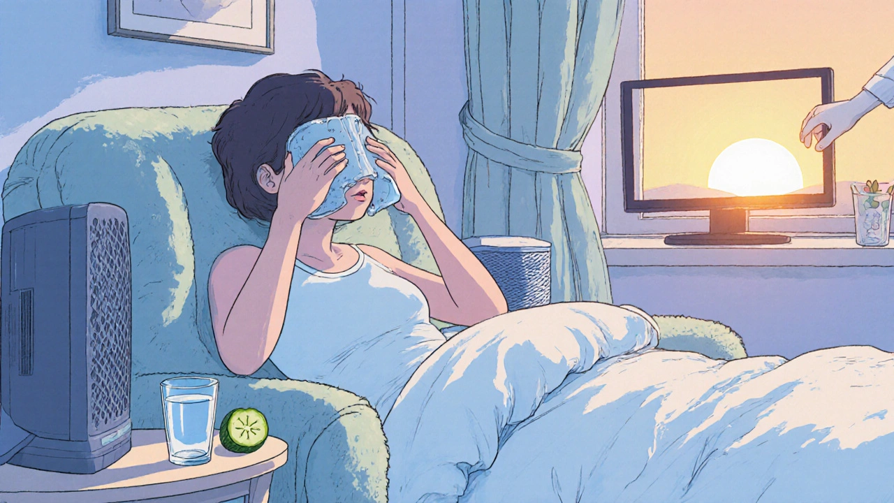 Cozy indoor scene with cold compress, water, cucumber slice, air filter, and fresh bedding.