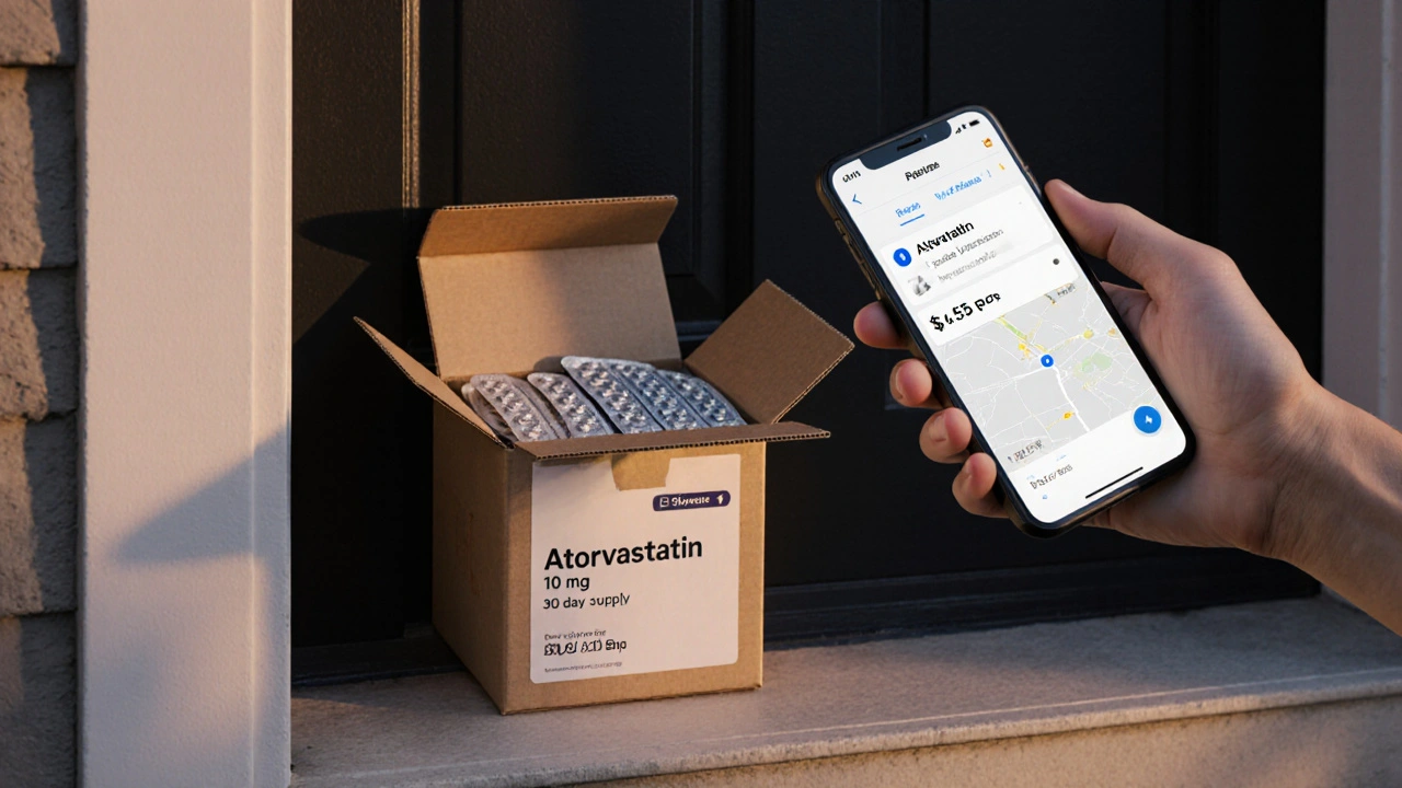 Delivered box of atorvastatin tablets with price tag and smartphone tracking number on a porch.