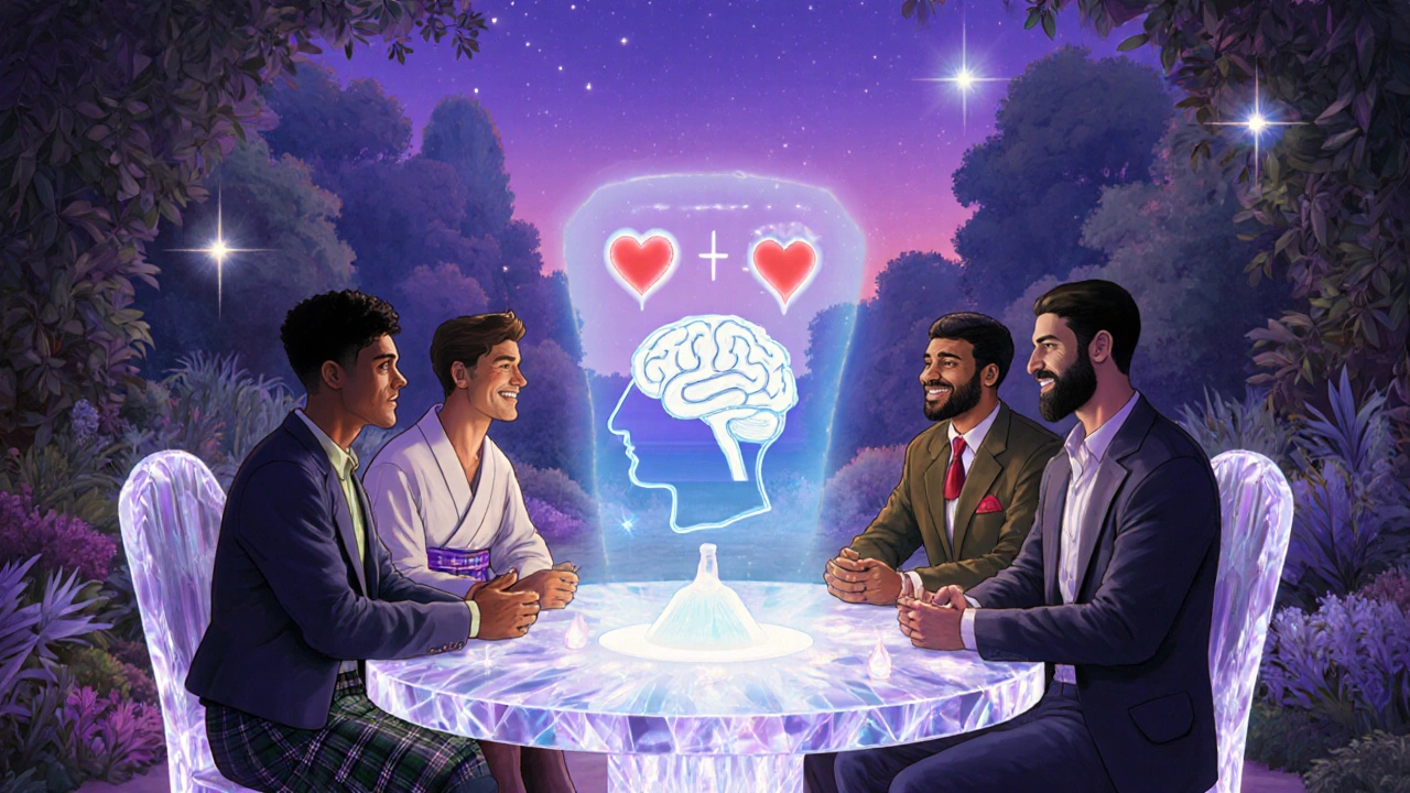 Diverse men around a glowing table discussing holistic sexual wellness in a twilight garden.