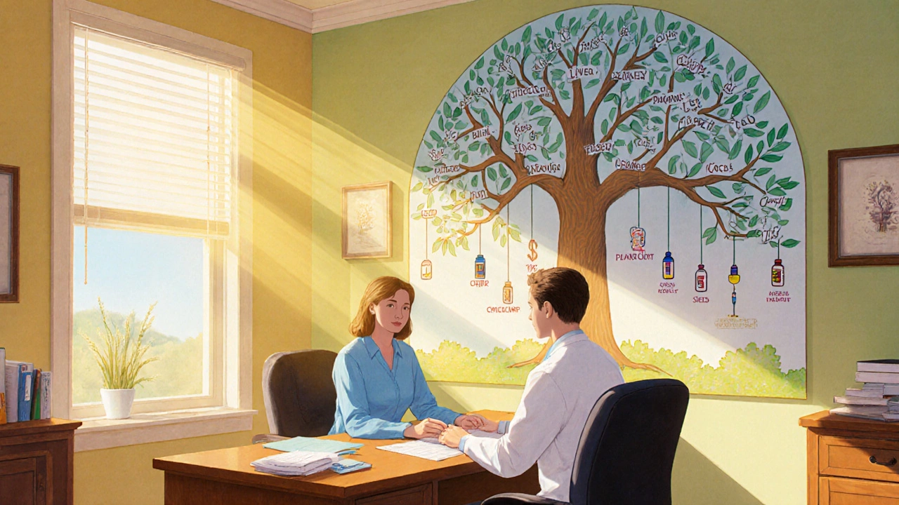 Doctor's office with illustrated decision tree showing factors for choosing RA drugs.