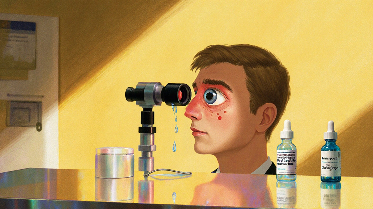 Doctor examining an inflamed eye with slit‑lamp, eye drop bottles on a table.
