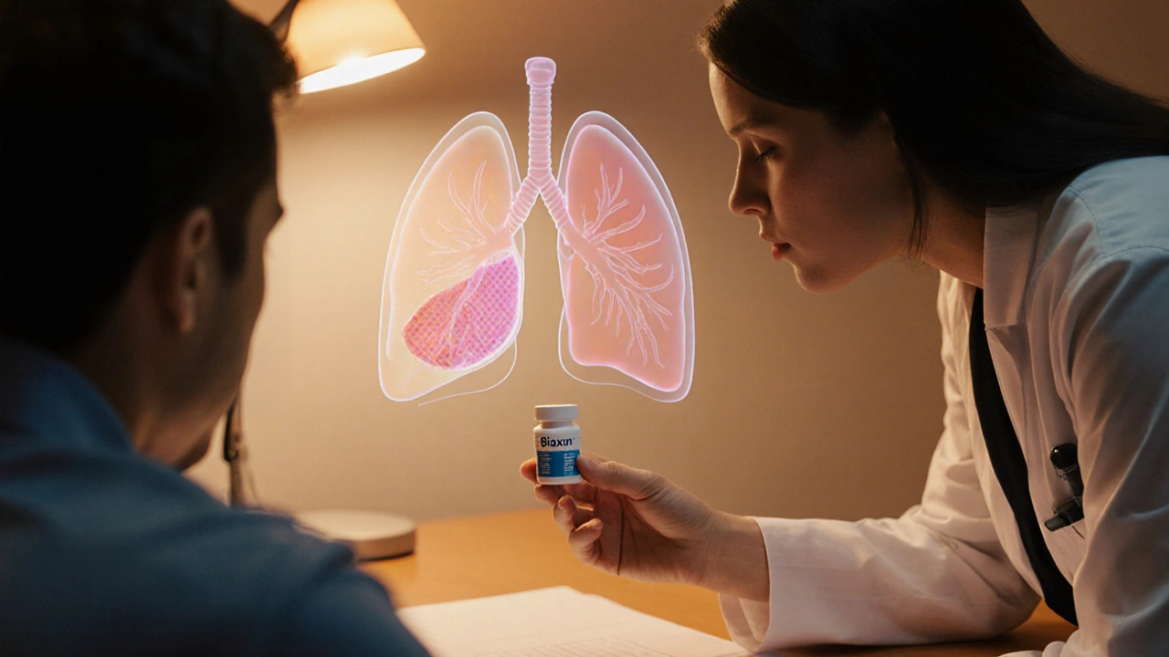 Doctor holding a Biaxin tablet while patient watches, with faint lung and skin silhouettes in the background.