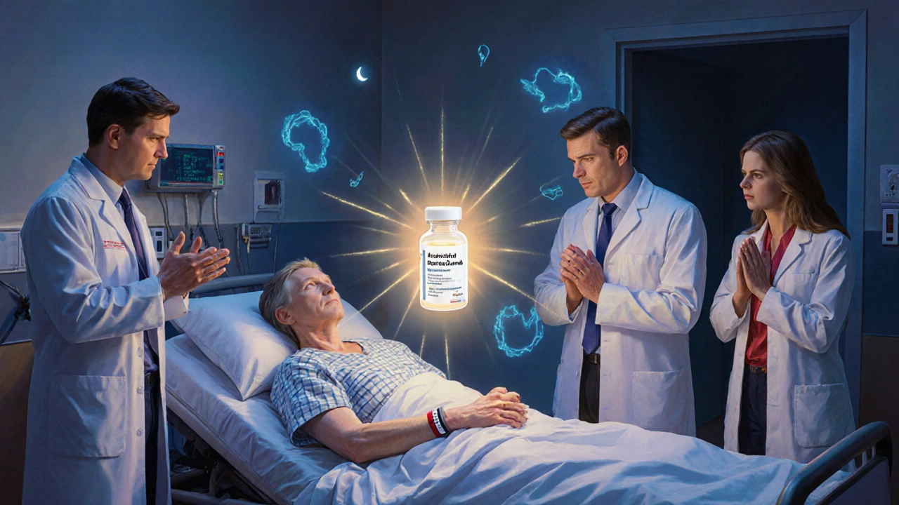 Emergency medical team treating patient with glowing reversal drug vial, family praying in background.