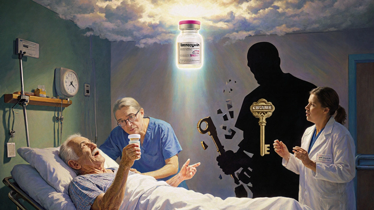 Emergency room with glowing antidote vial and shadowy warfarin figure under divine light.
