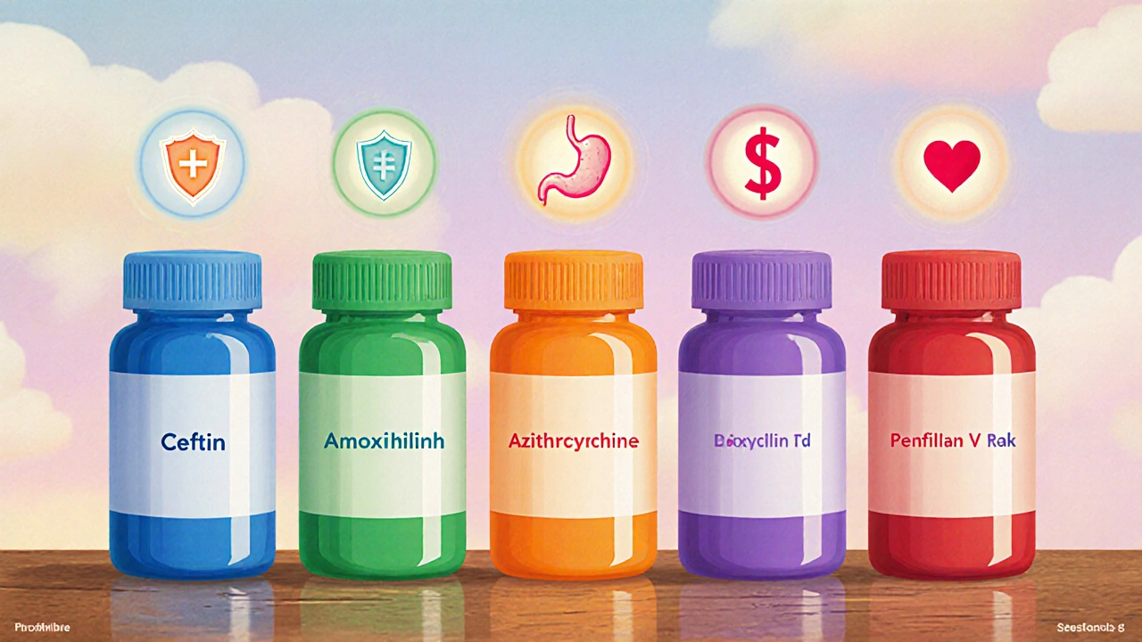 Five colored pill bottles with icons indicating spectrum, cost, GI side effects, and heart risk.