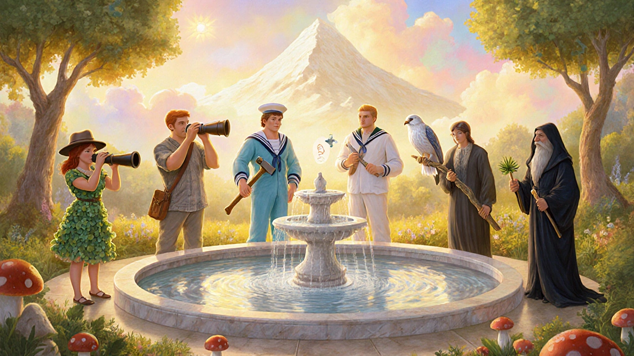 Five personified antibiotics gathered in a pastel garden, each with symbols of their drug class.