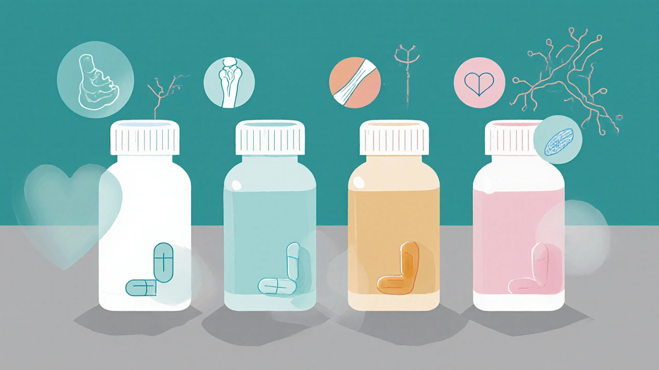 Four medication bottles with color‑coded pills and icons for bone, joint, liver, and heart.