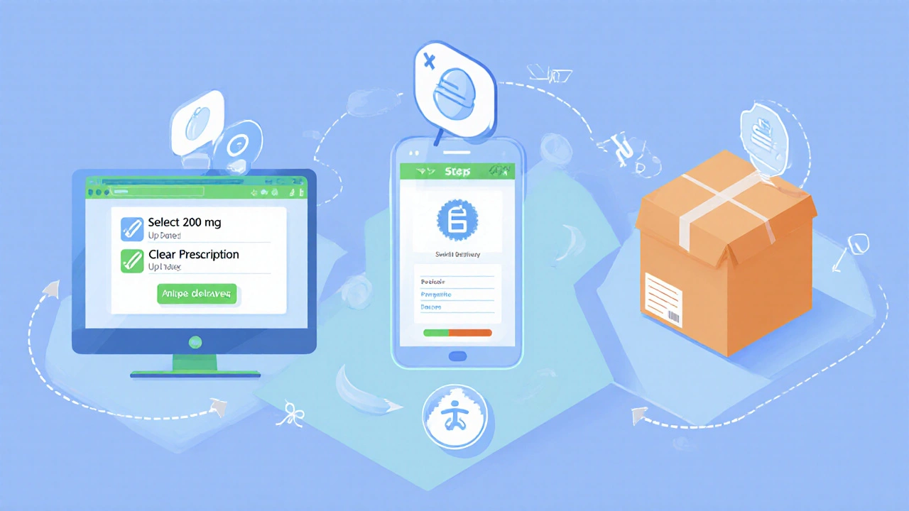 Illustrated flow showing medication selection, prescription upload, and shipping box with tracking.
