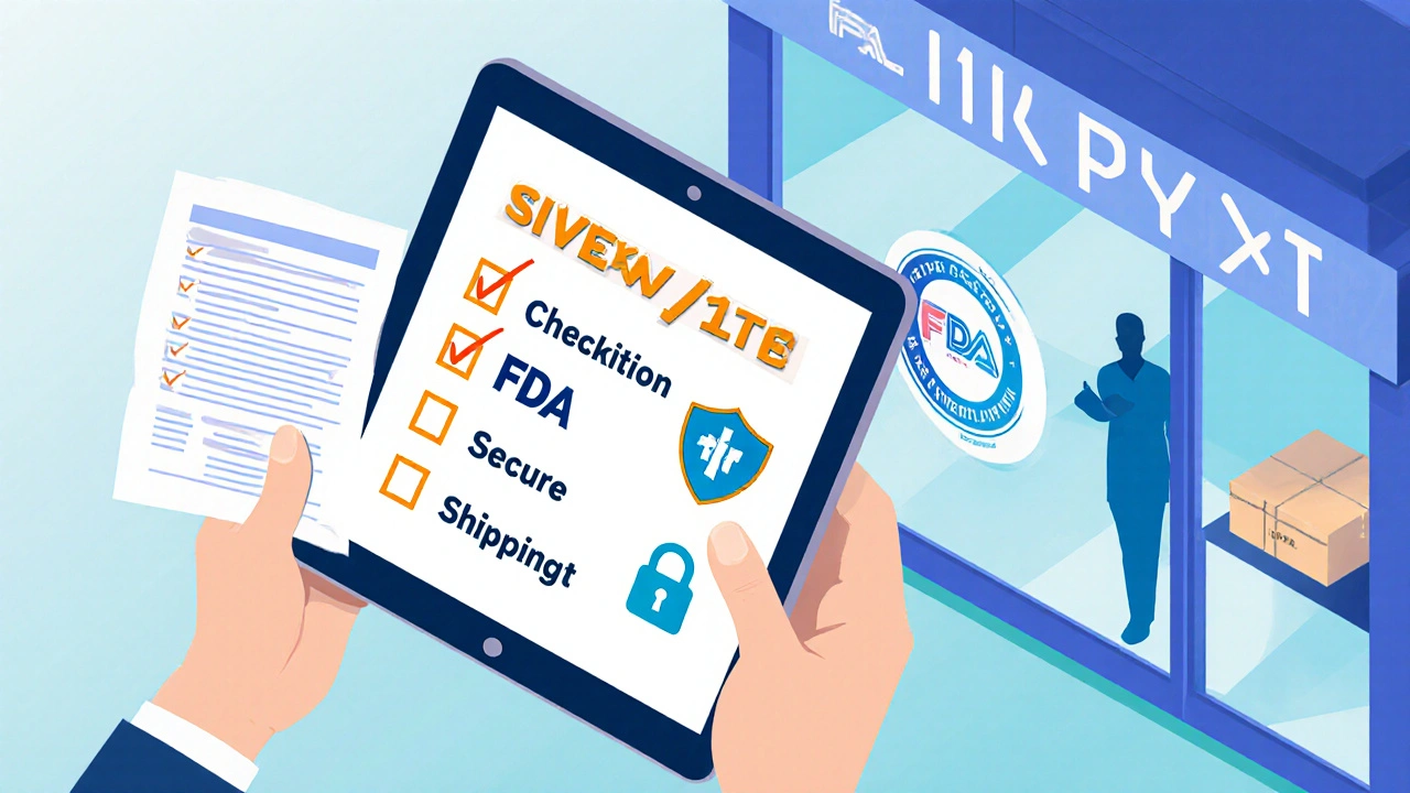 Illustration of a checklist for safe online purchase, featuring FDA badge, padlock, shipping box, and prescription upload.