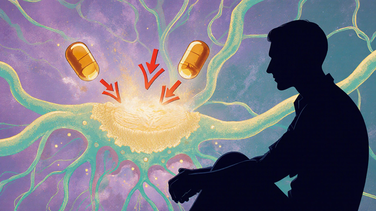 Illustration of a neuron synapse with baclofen activating GABA‑B receptors, reducing dopamine signals.