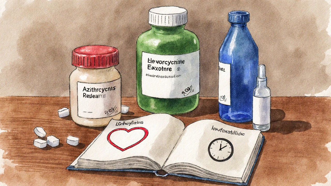 Illustration of four antibiotic bottles on a desk with medical symbols for side effects and dosing.