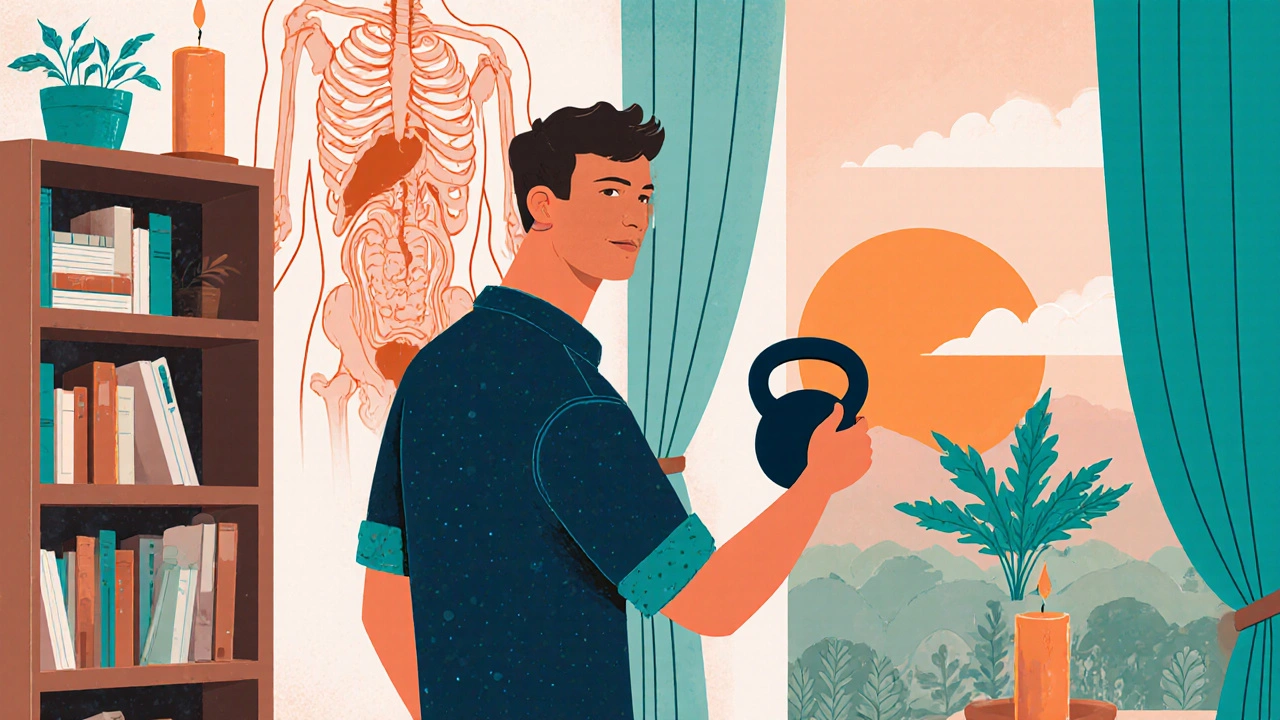 Influencer studio showing safe alternatives, books, anatomy mural, and sunrise lighting.