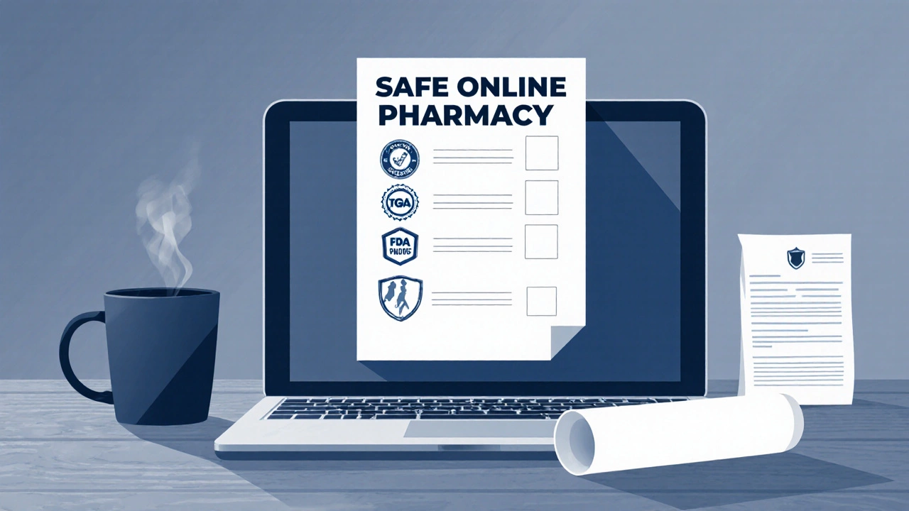 Laptop screen showing a checklist of safety icons for online pharmacy verification.
