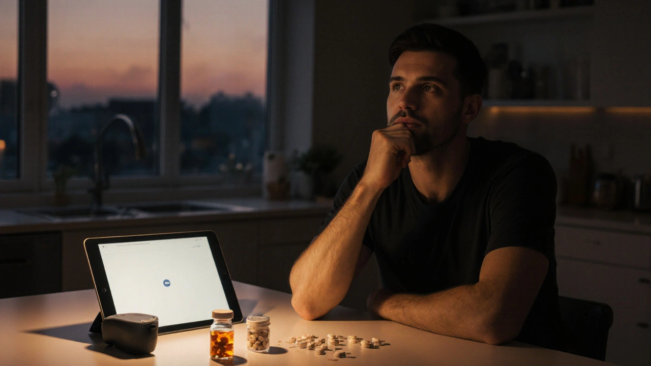 Man thoughtfully reviewing different ED solutions, with a relaxed ambiance, indicating decision‑making.