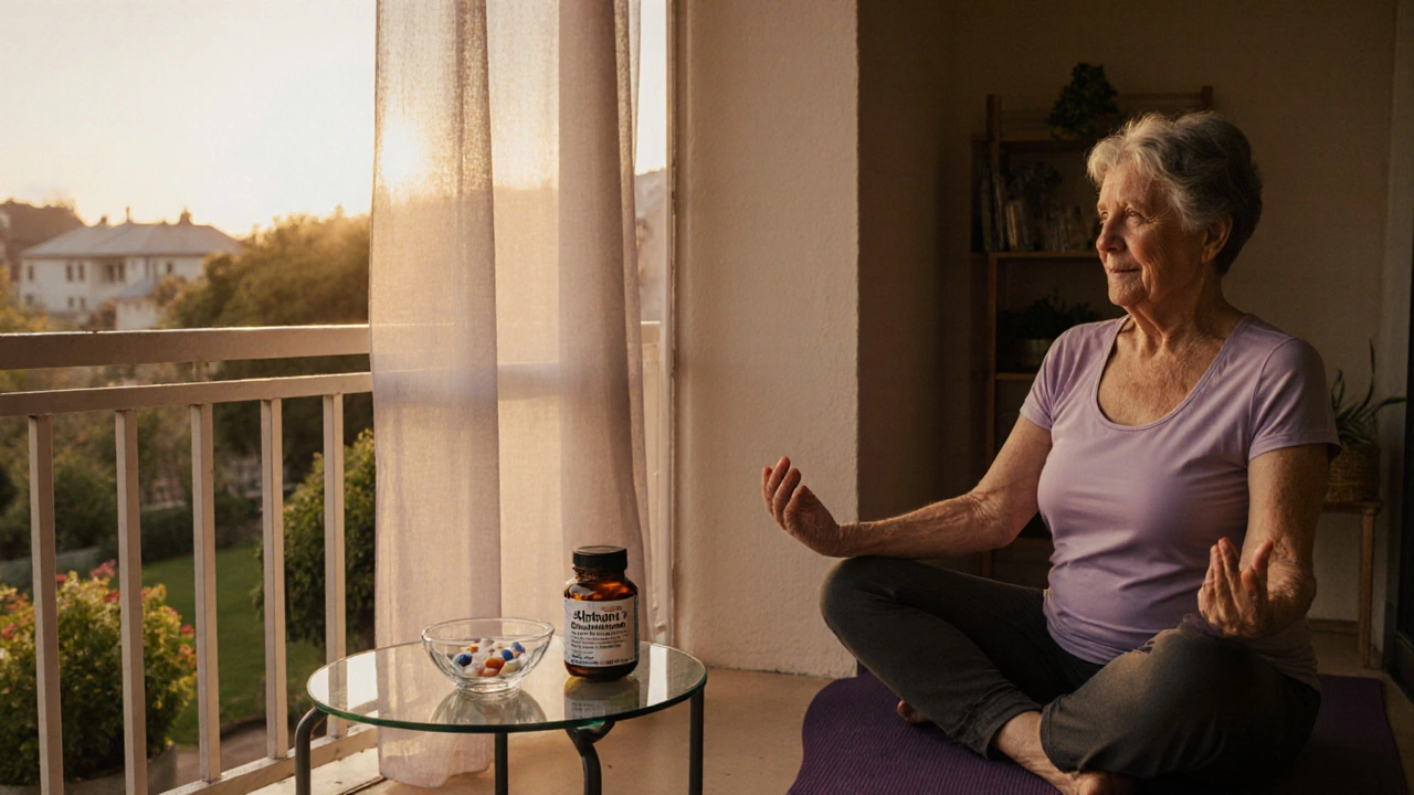 Middle‑aged woman doing yoga on a balcony with an Altraz tablet beside her.