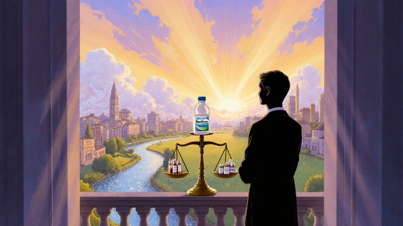 Patient views sunrise cityscape with a scale balancing Bactrim against other antibiotics.
