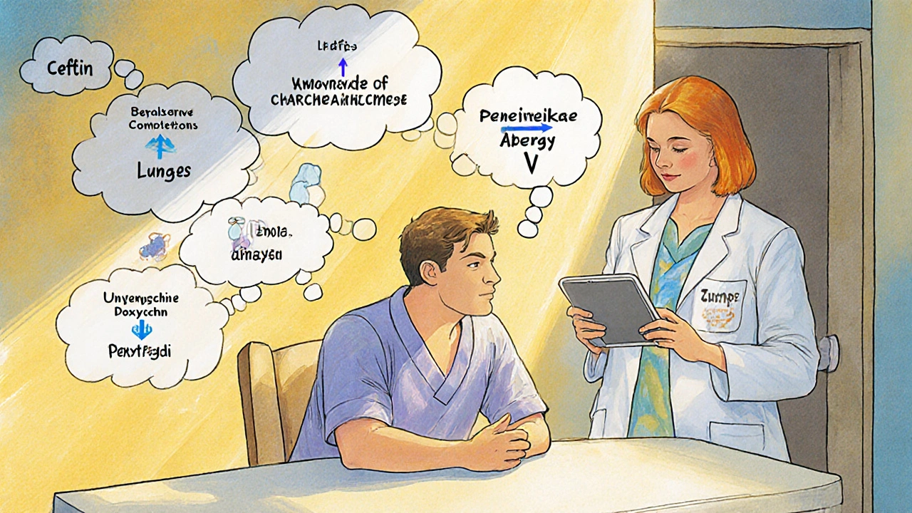 Patient with thought bubbles of infection sites and doctor showing antibiotic choice flowchart.