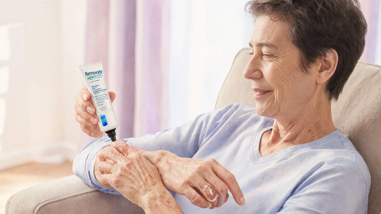 Person applying moisturizer to forearm after steroid use, in a warm setting.