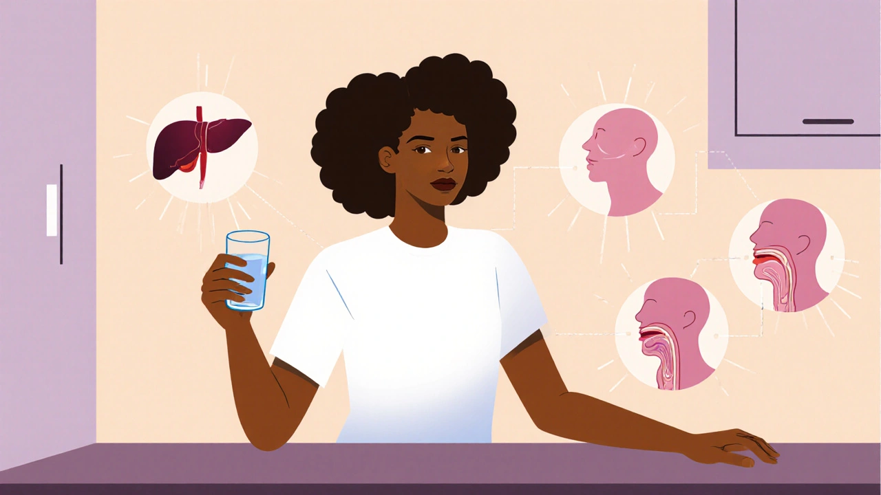 Person holding water and low‑alcohol wine with faint organ silhouettes behind.