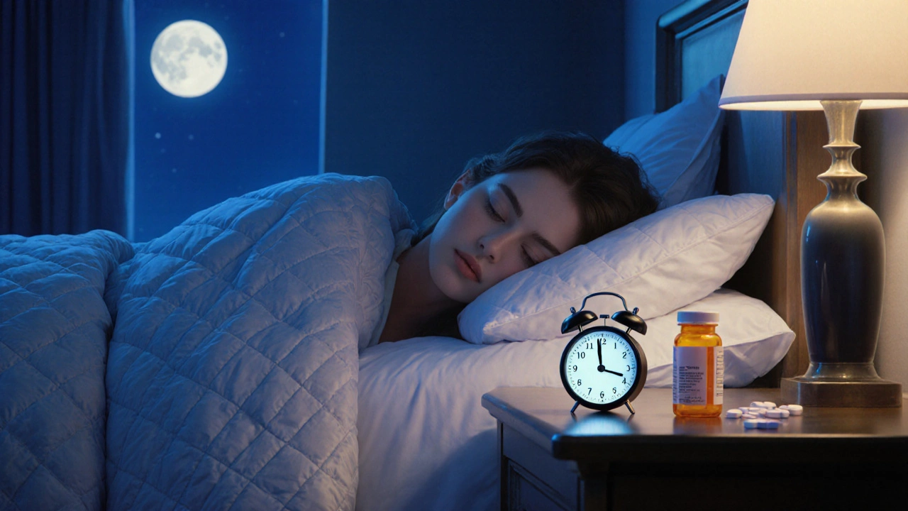 Person in hotel bed with pill bottle and dual-time alarm clock under moonlight