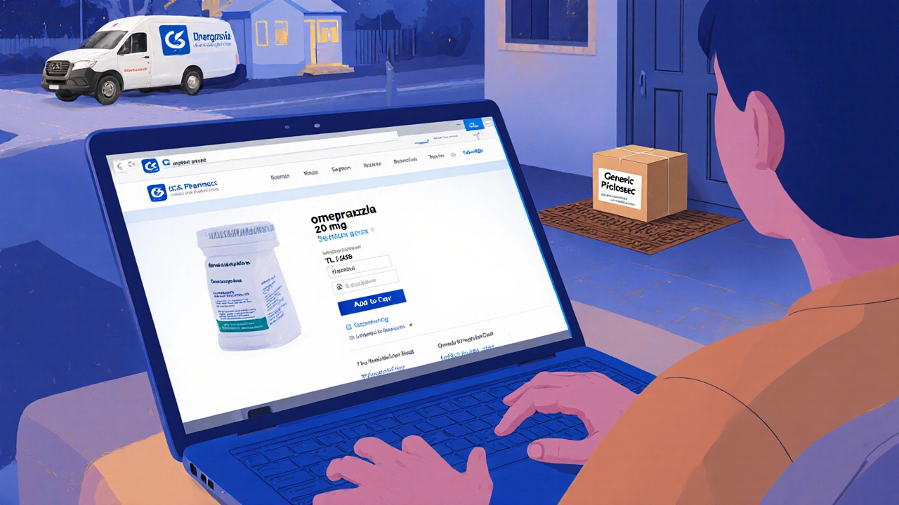 Person ordering generic Prilosec online at home while a delivery box arrives at the door.