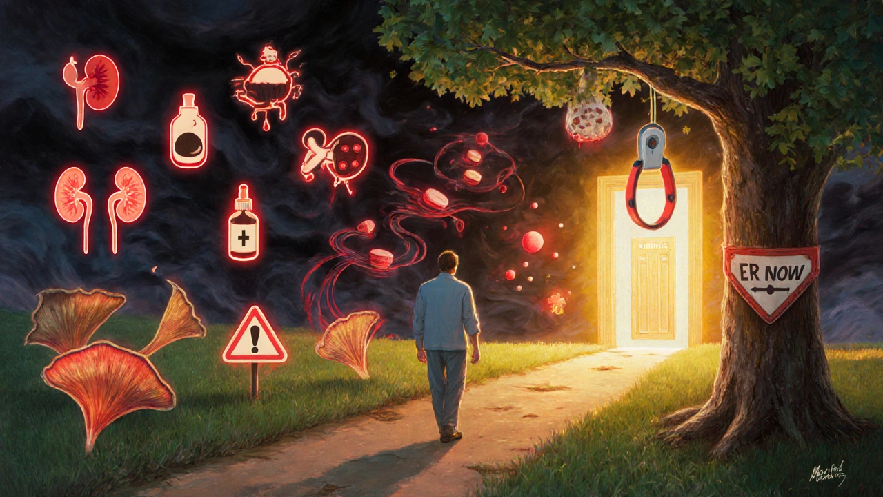 Person walking path with warning signs, storm of bleeding risks behind, glowing ER door ahead.