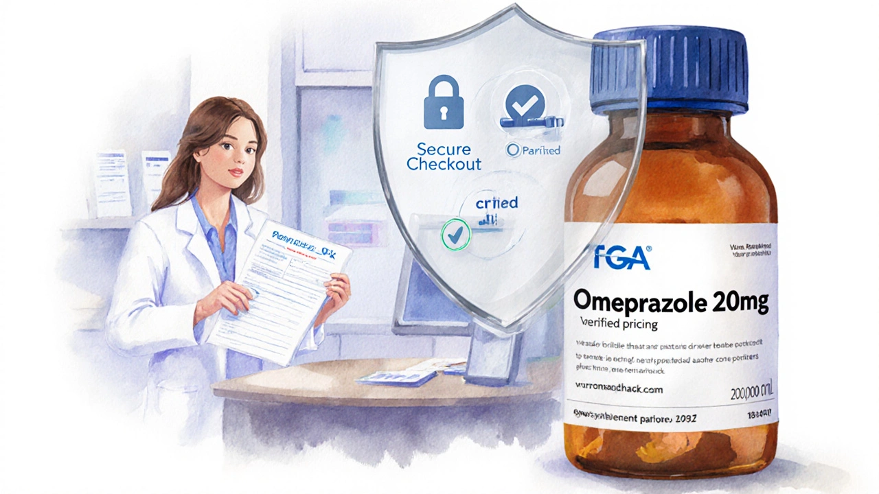 Pharmacist reviewing a prescription with icons for security, TGA approval, and verified pricing.