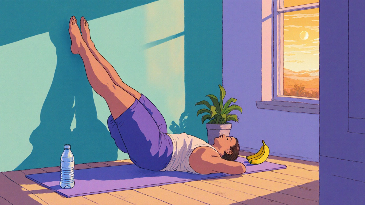 Relaxing home yoga scene with legs up the wall and wellness items.