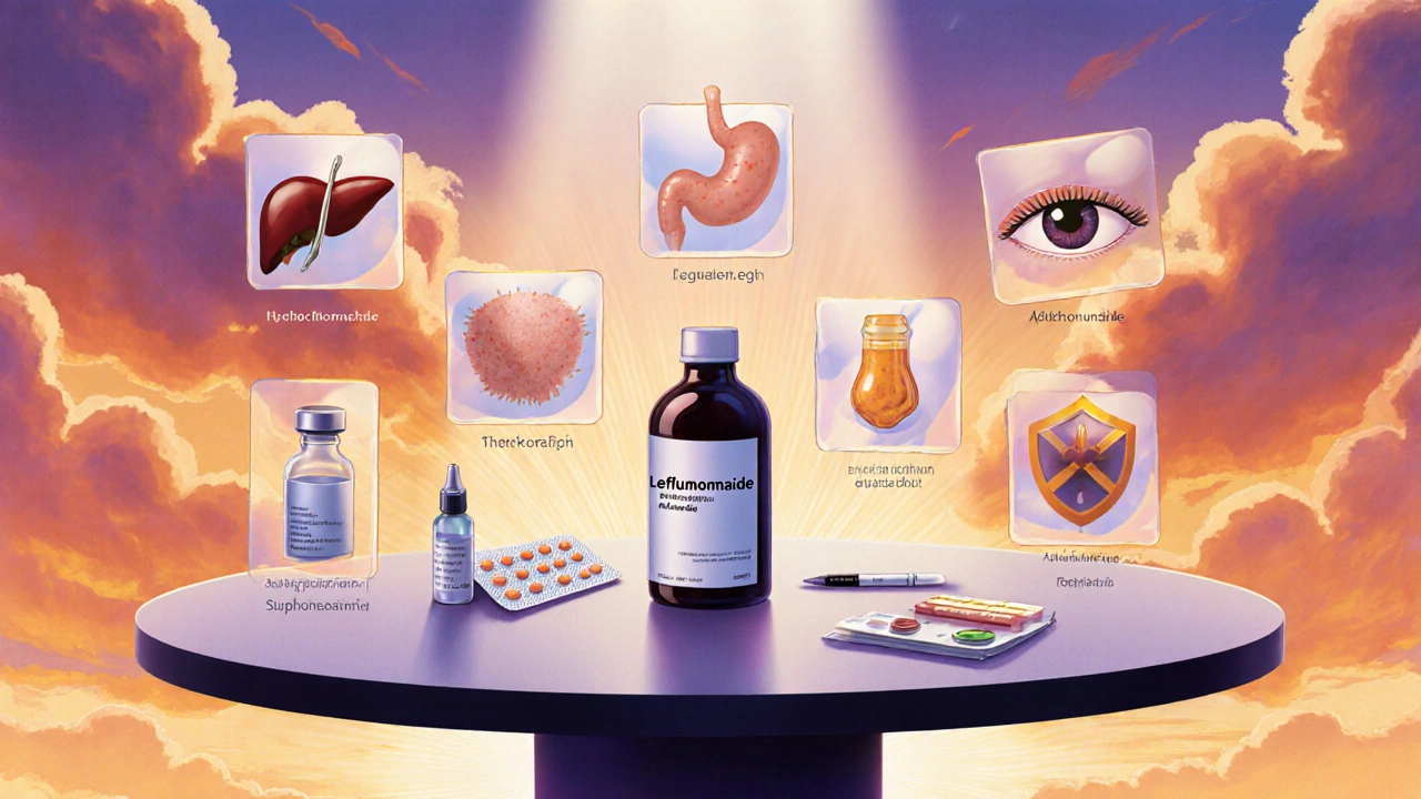 Round table displaying various RA medication bottles with floating side‑effect icons.