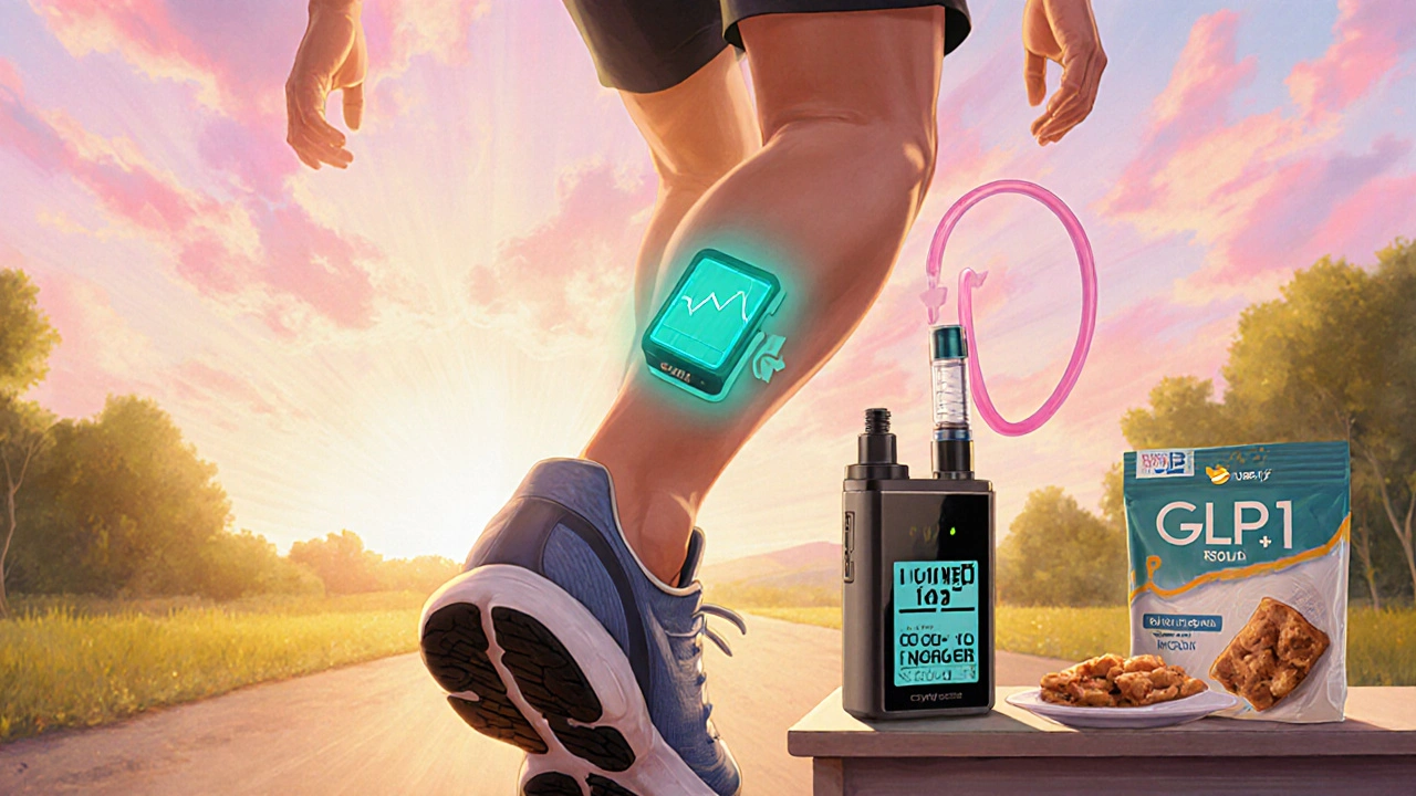 Scene with CGM device, insulin pump, and a person exercising with GLP‑1 injector nearby.