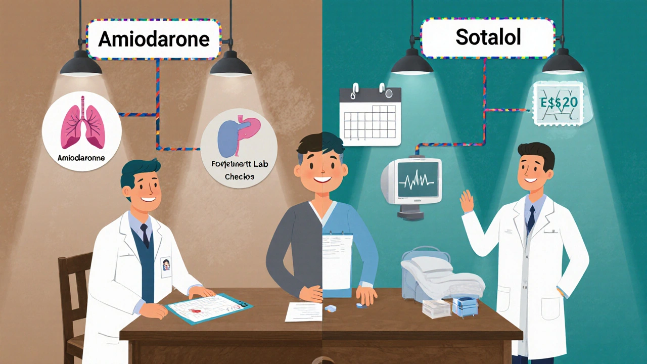 Split scene of patient choosing between Amiodarone side effects and Sotalol monitoring.