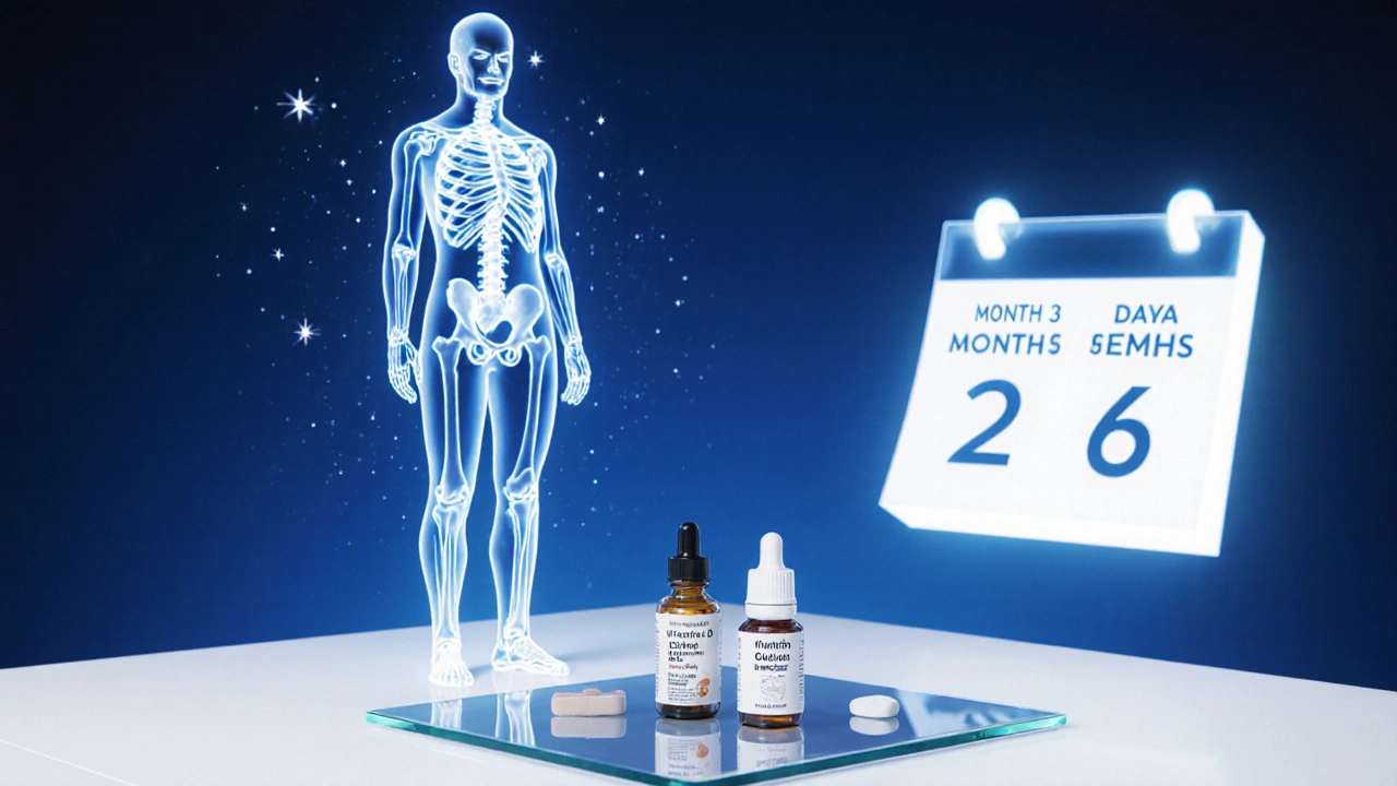 Standing patient surrounded by glowing healthy bones, medication bottles, and calendar milestones.