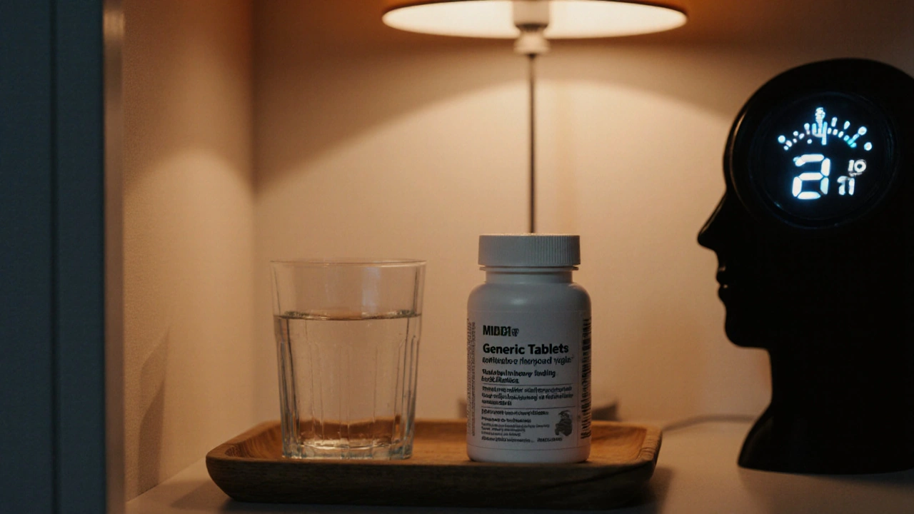 Tablet bottle stored on a shelf in a cool, dry place beside a glass of water.