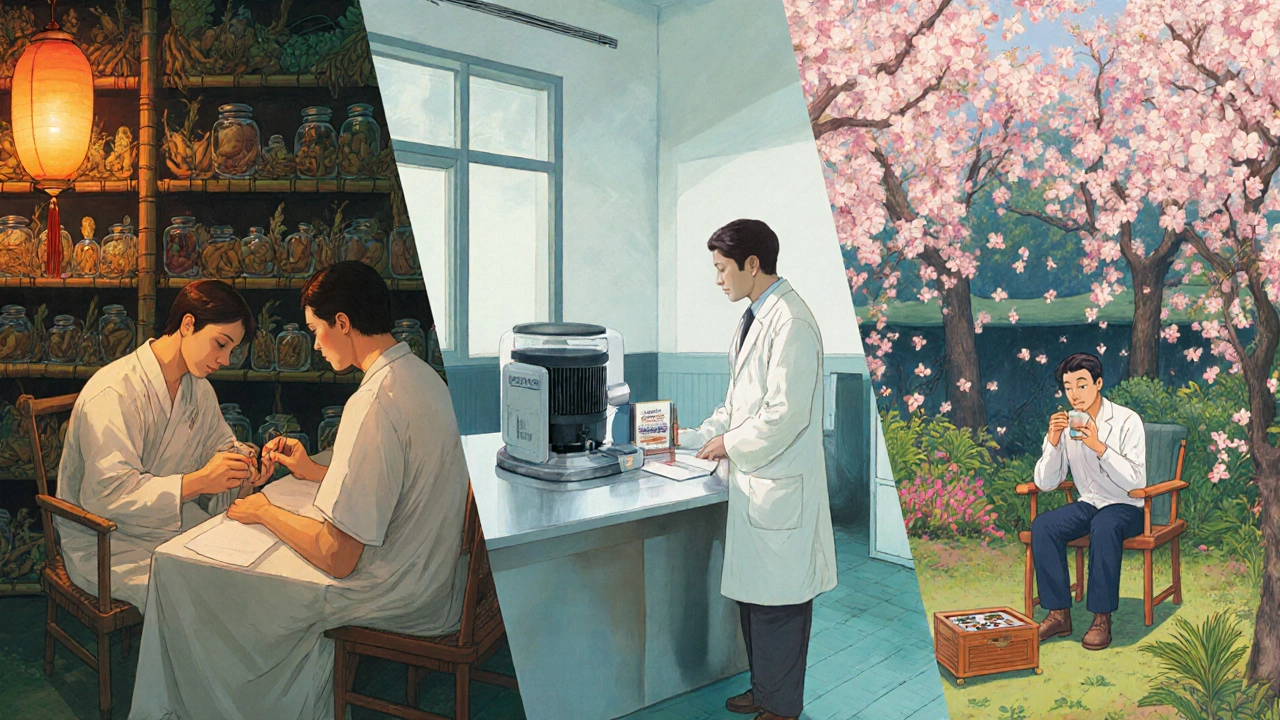 Three cultural scenes: Chinese herbal shop, European clinic with a pump, and Japanese garden with supplements.