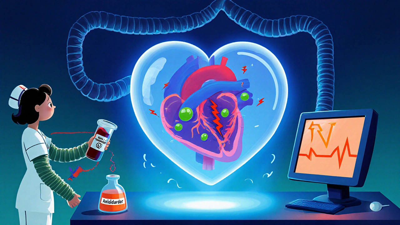 Transparent cartoon heart showing potassium and beta‑blocker symbols with lab icons.