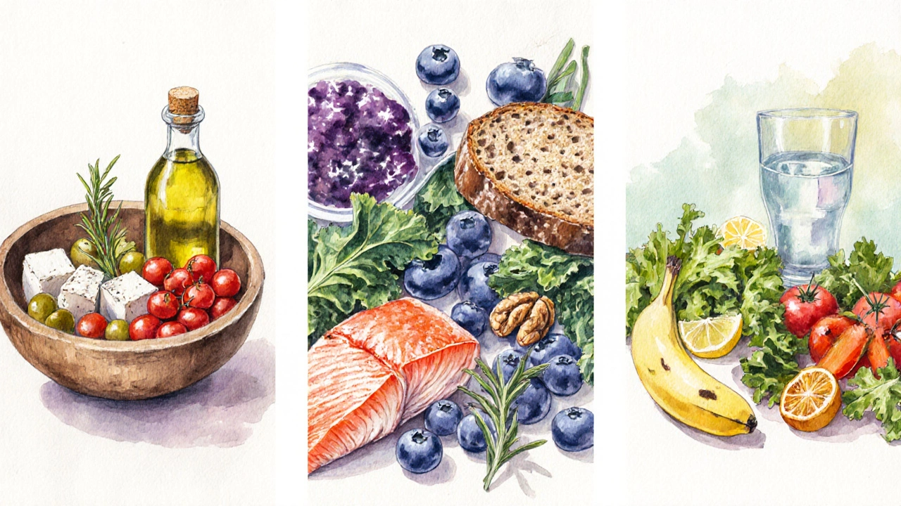 Watercolor panels showing Mediterranean, MIND, and DASH diet foods in vibrant arrangements.
