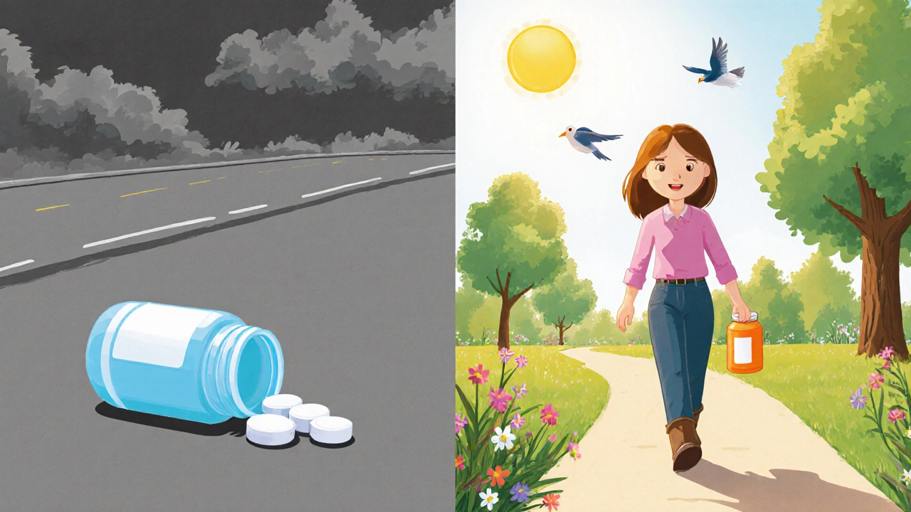 Young woman moves from a gray street to a sunny park, leaving one pill bottle and carrying another.