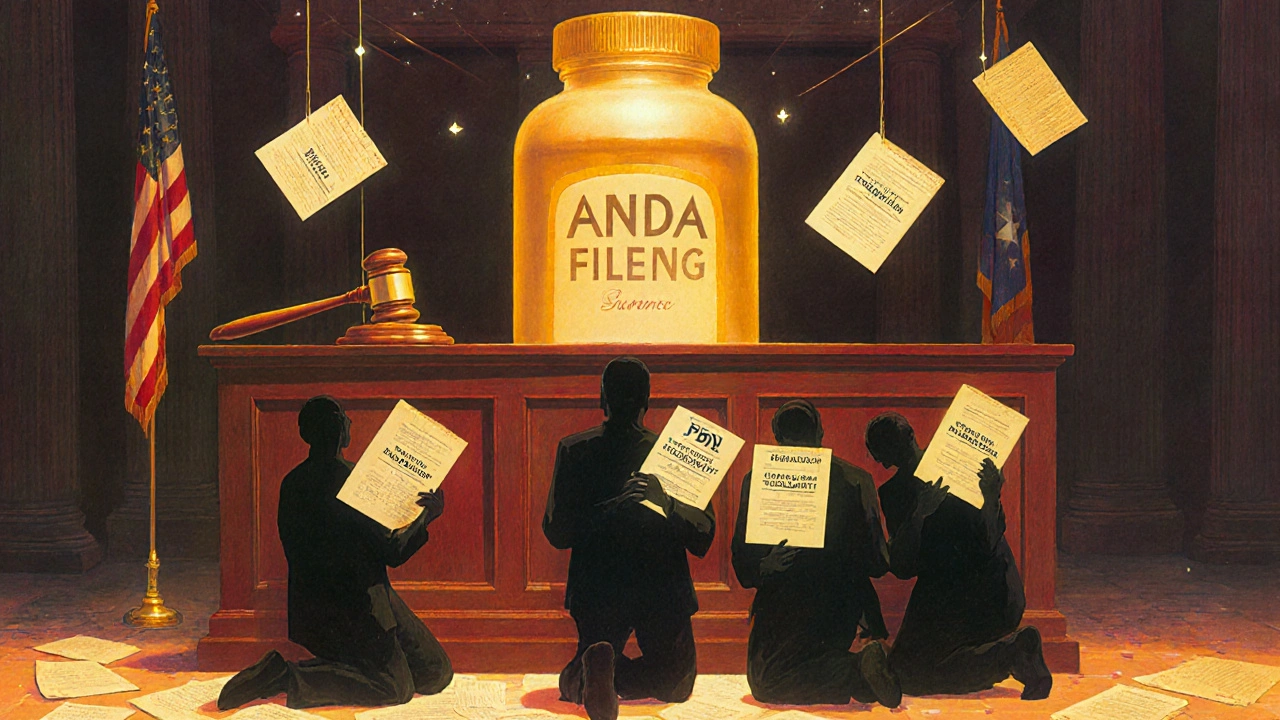 A brand-name drug bottle facing generic manufacturers in a courtroom, surrounded by patent documents and FDA stamps.