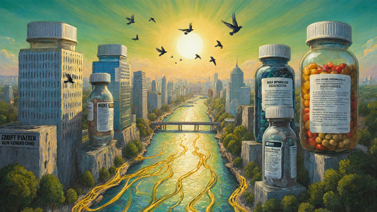 A city of pharmaceutical towers with a cash river splitting into brand and generic streams under a rising sun.