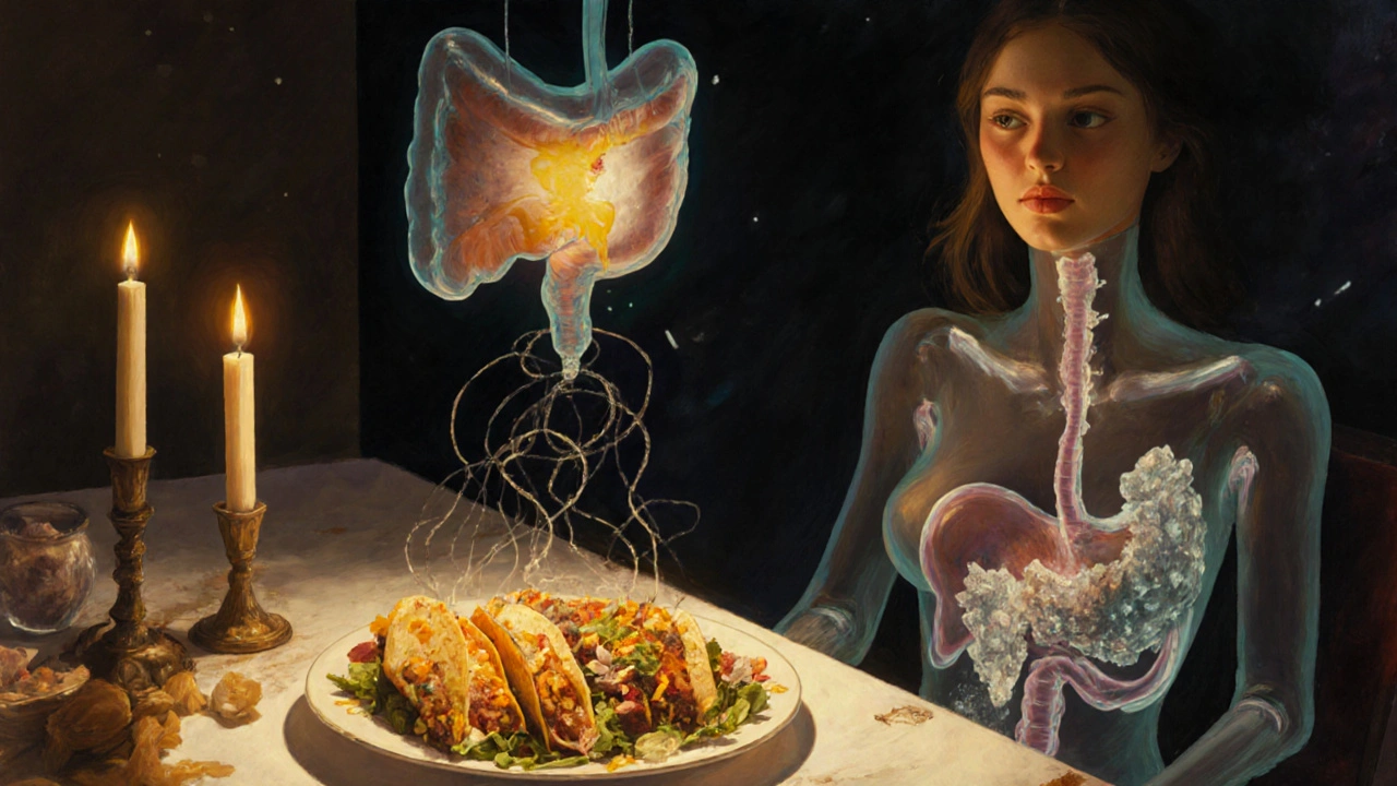 A dinner plate with fatty food above a spectral gallbladder emitting dark tendrils.